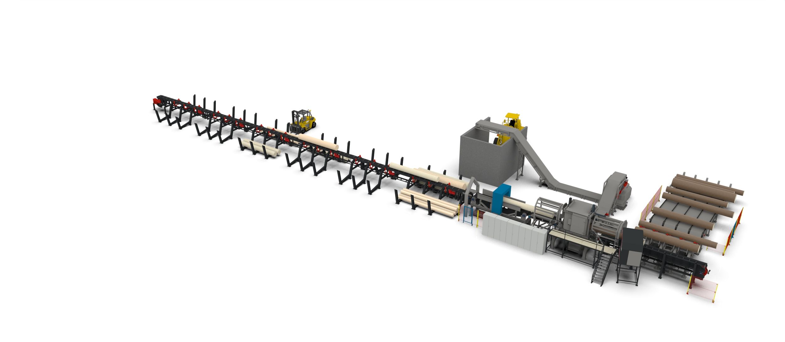 Upright elevated perspective of the Mercers debarker line and conveyors