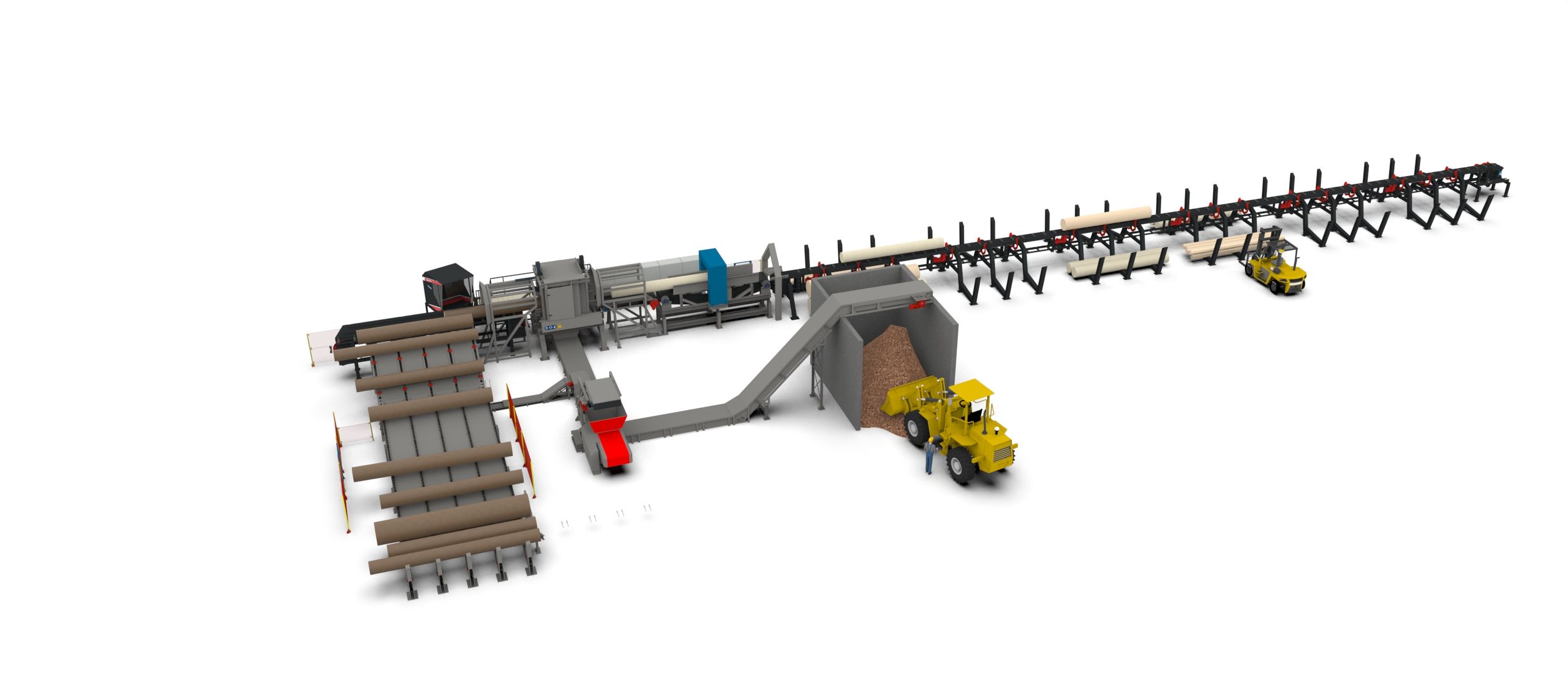 Wide angled render of the Wravor line, showing the log handling equipment and conveyors